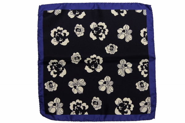 Battisti Pocket Square: Blue with navy & white floral pattern, pure silk