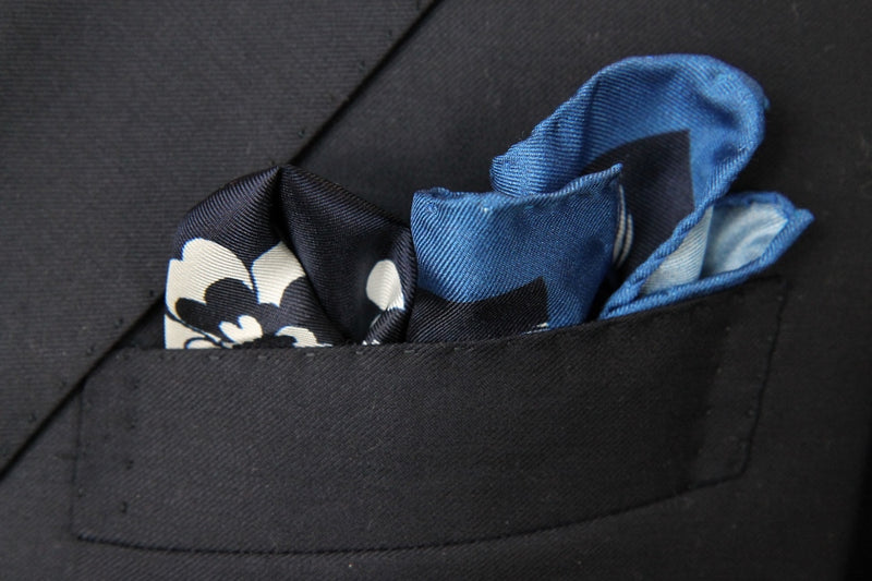 Battisti Pocket Square: Blue with navy & white floral pattern, pure silk