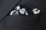 Battisti Pocket Square: Blue with navy & white floral pattern, pure silk