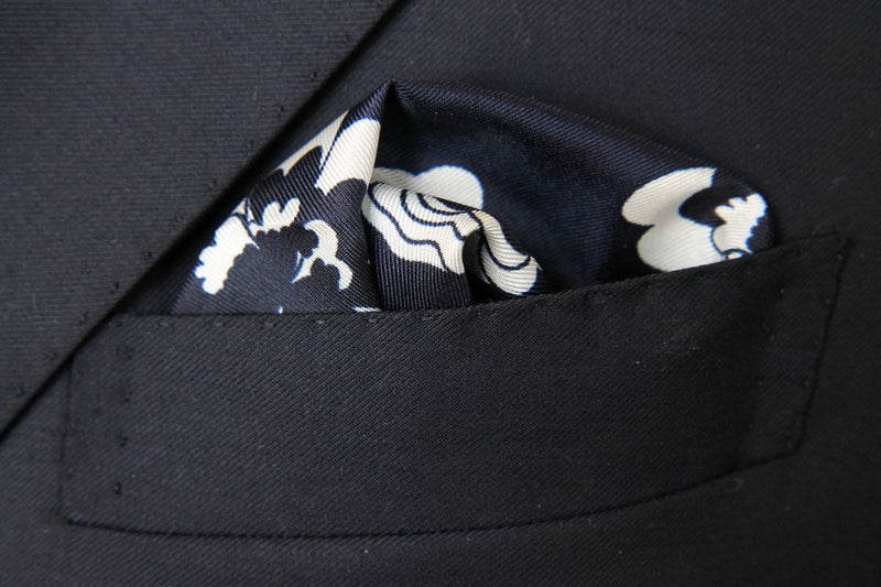 Battisti Pocket Square: Blue with navy & white floral pattern, pure silk