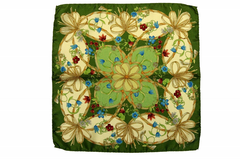 Battisti Pocket Square Leaf green with beige floral pattern, pure silk