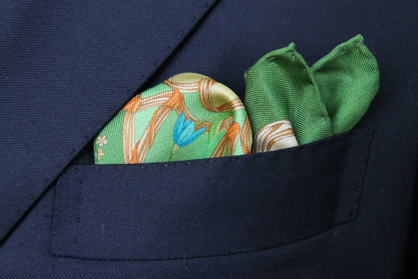 Battisti Pocket Square Leaf green with beige floral pattern, pure silk
