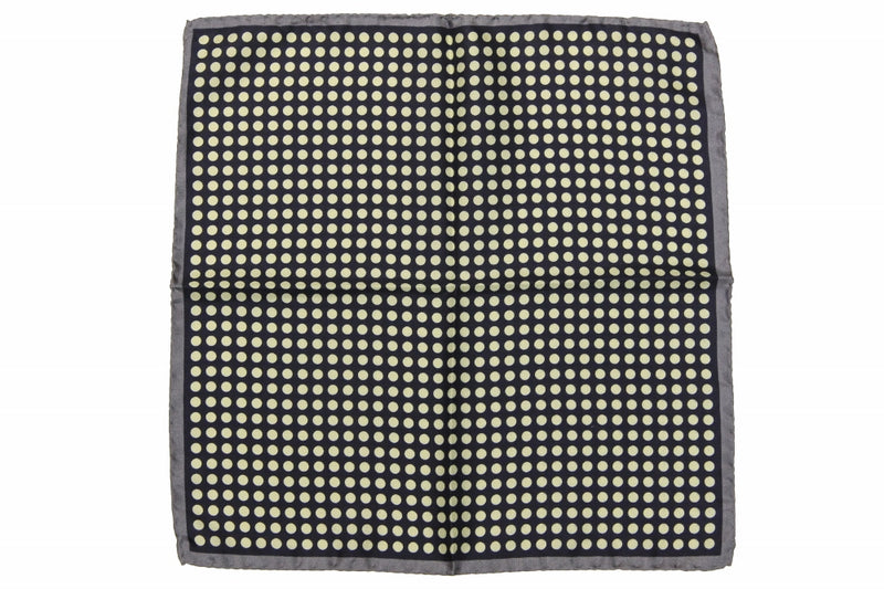 Battisti Pocket Square SALE!: Grey with cream dot on navy, pure silk