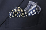 Battisti Pocket Square SALE!: Grey with cream dot on navy, pure silk