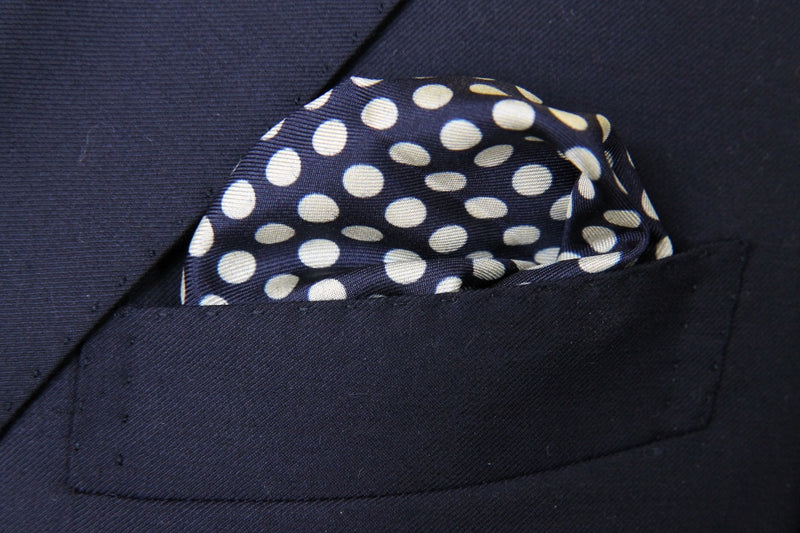 Battisti Pocket Square SALE!: Grey with cream dot on navy, pure silk