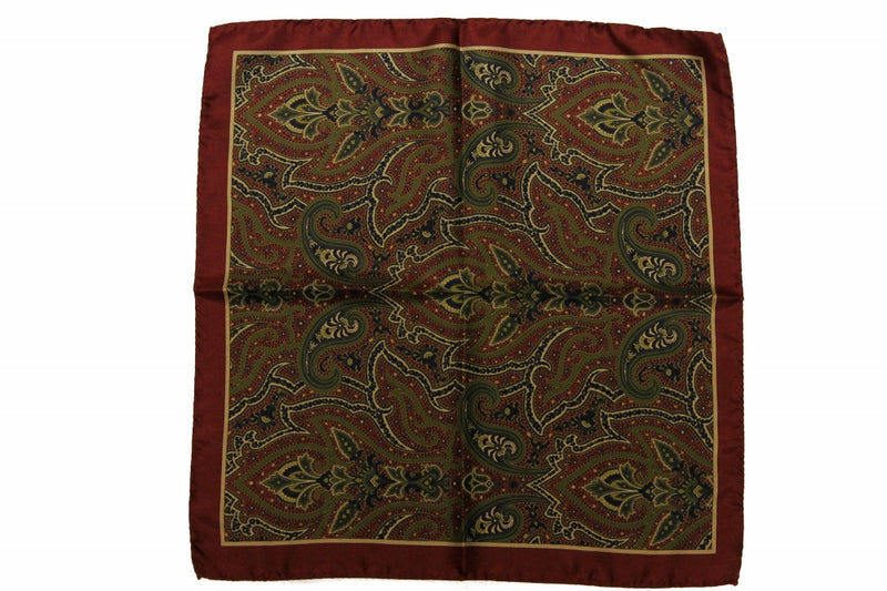 Battisti Pocket Square: Maroon with moss & beige paisley, pure silk