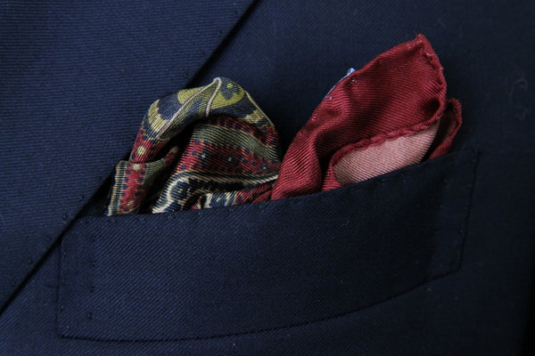 Battisti Pocket Square: Maroon with moss & beige paisley, pure silk