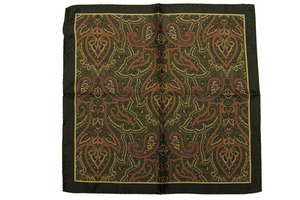 Battisti Pocket Square: Brown w/olive, mauve, purple paisley, pure silk