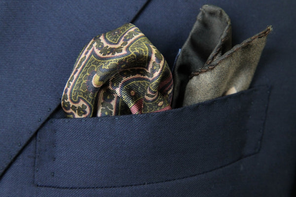 Battisti Pocket Square: Brown w/olive, mauve, purple paisley, pure silk