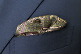 Battisti Pocket Square: Brown w/olive, mauve, purple paisley, pure silk