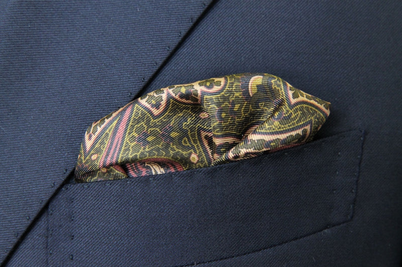 Battisti Pocket Square: Brown w/olive, mauve, purple paisley, pure silk