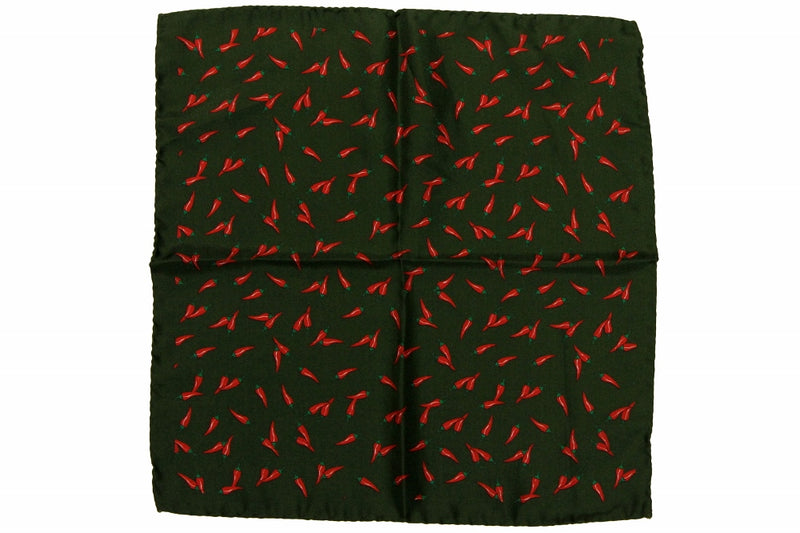 Battisti Pocket Square: Hunter green with red pepper, pure silk