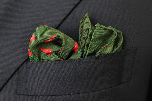 Battisti Pocket Square: Hunter green with red pepper, pure silk