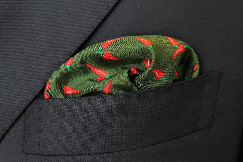 Battisti Pocket Square: Hunter green with red pepper, pure silk