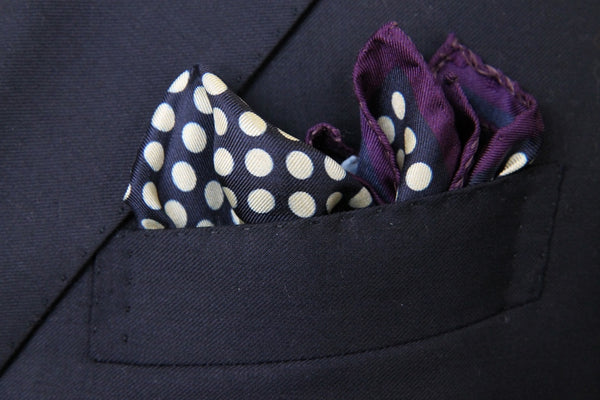 Battisti Pocket Square SALE!: Plum with cream dot on navy SALE!, pure silk