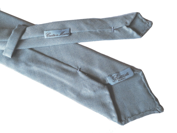 Battisti Tie: Powder blue with herringbone stripes, hand-rolled unlined tip, pure cashmere