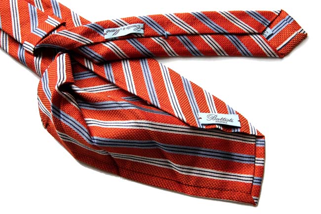 Battisti Tie: Orange with sky & white stripes, 7-fold, pure silk<br>