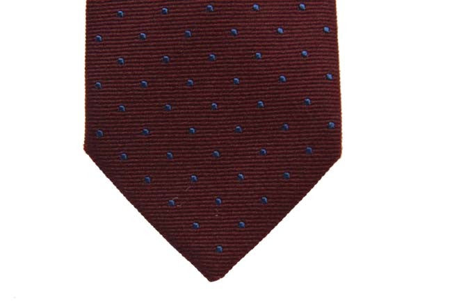 Battisti Tie: Burgundy with blue polkadots, wool/silk