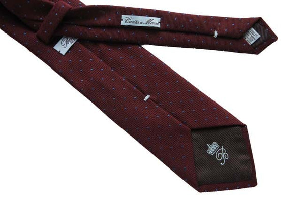 Battisti Tie: Burgundy with blue polkadots, wool/silk