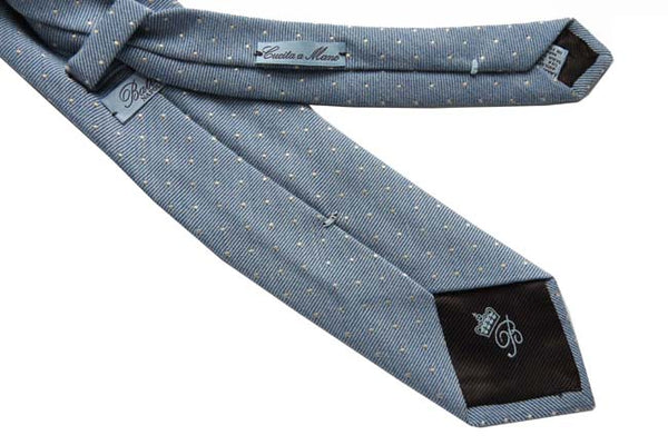 Battisti Tie: Soft sky blue with white polkadots, wool/silk