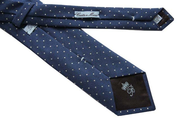 Battisti Tie: Medium blue with white polkadots, wool/silk