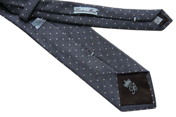 Battisti Tie: Soft heathered blue with white polkadots, wool/silk