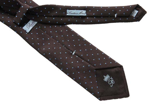 Battisti Tie: Brown with sky polkadots, wool/silk