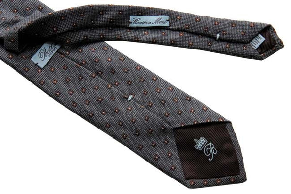 Battisti Tie: Medium grey with small brown pattern, pure wool