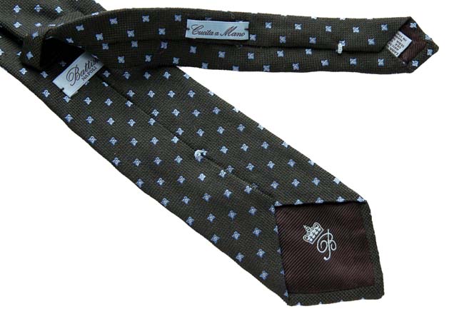 Battisti Tie: Dark olive green with small sky pattern, pure wool