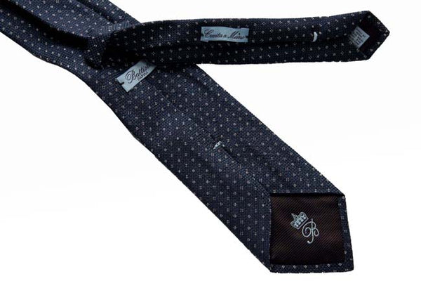 Battisti Tie: Gunmetal blue with small white pattern, wool/silk