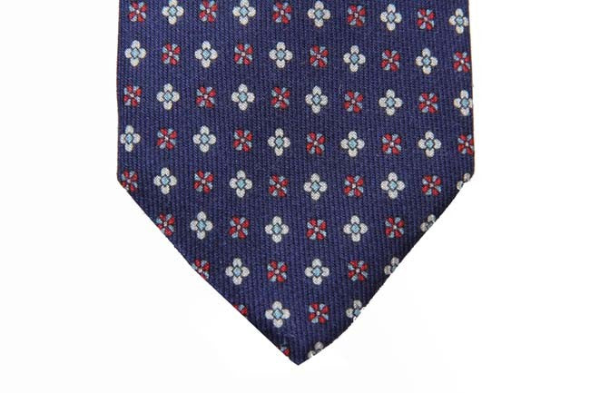 Battisti Tie: Navy blue with red/sky/white pattern, pure wool