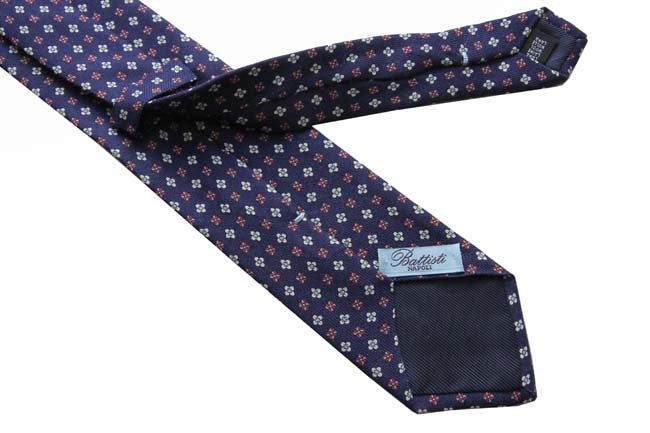 Battisti Tie: Navy blue with red/sky/white pattern, pure wool