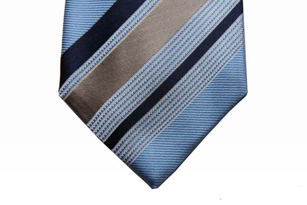 Battisti Tie Light blue & tan with white & navy stripes, hidden pocket, pure silk