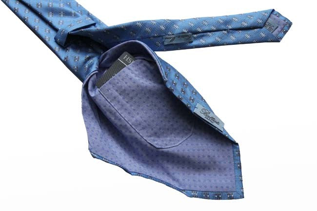 Battisti Tie Light blue with tan & white geometric pattern, hidden pocket, pure silk
