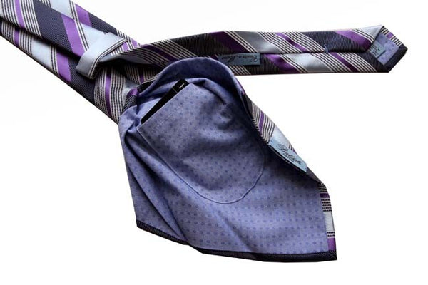 Battisti Tie Sale!: Purple with navy & cloud stripes, hidden pocket, pure silk