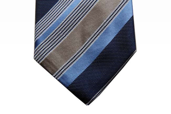 Battisti Tie Sale!: Navy & tan with white & sky stripes, hidden pocket, pure silk