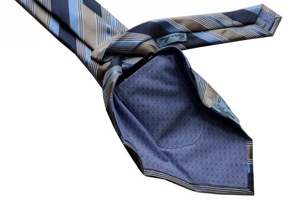 Battisti Tie Sale!: Navy & tan with white & sky stripes, hidden pocket, pure silk