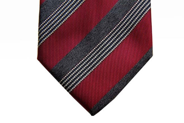 Battisti Tie Sale!: Crimson with heather grey stripes, hidden pocket, pure silk