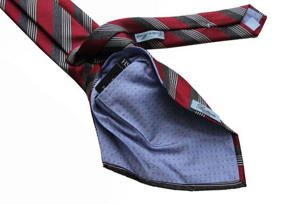 Battisti Tie Sale!: Crimson with heather grey stripes, hidden pocket, pure silk
