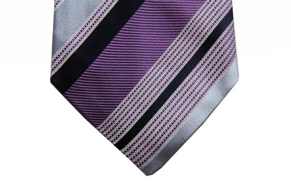 Battisti Tie Sale!: Purple with powder blue & navy stripes, hidden pocket, pure silk