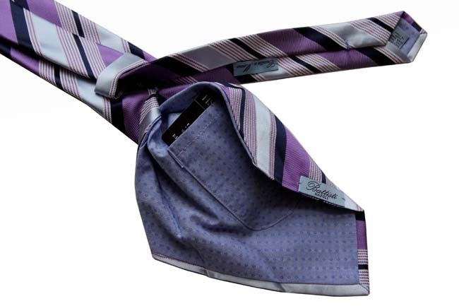 Battisti Tie Sale!: Purple with powder blue & navy stripes, hidden pocket, pure silk