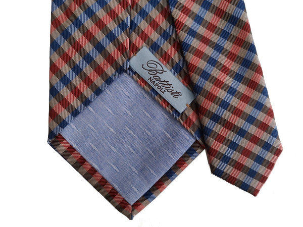Battisti Tie: Tan blue red check, hidden pocket, pure silk