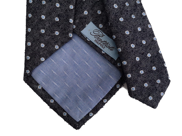 Battisti Tie: Dark ink blue bullseye dots, hidden pocket, pure silk