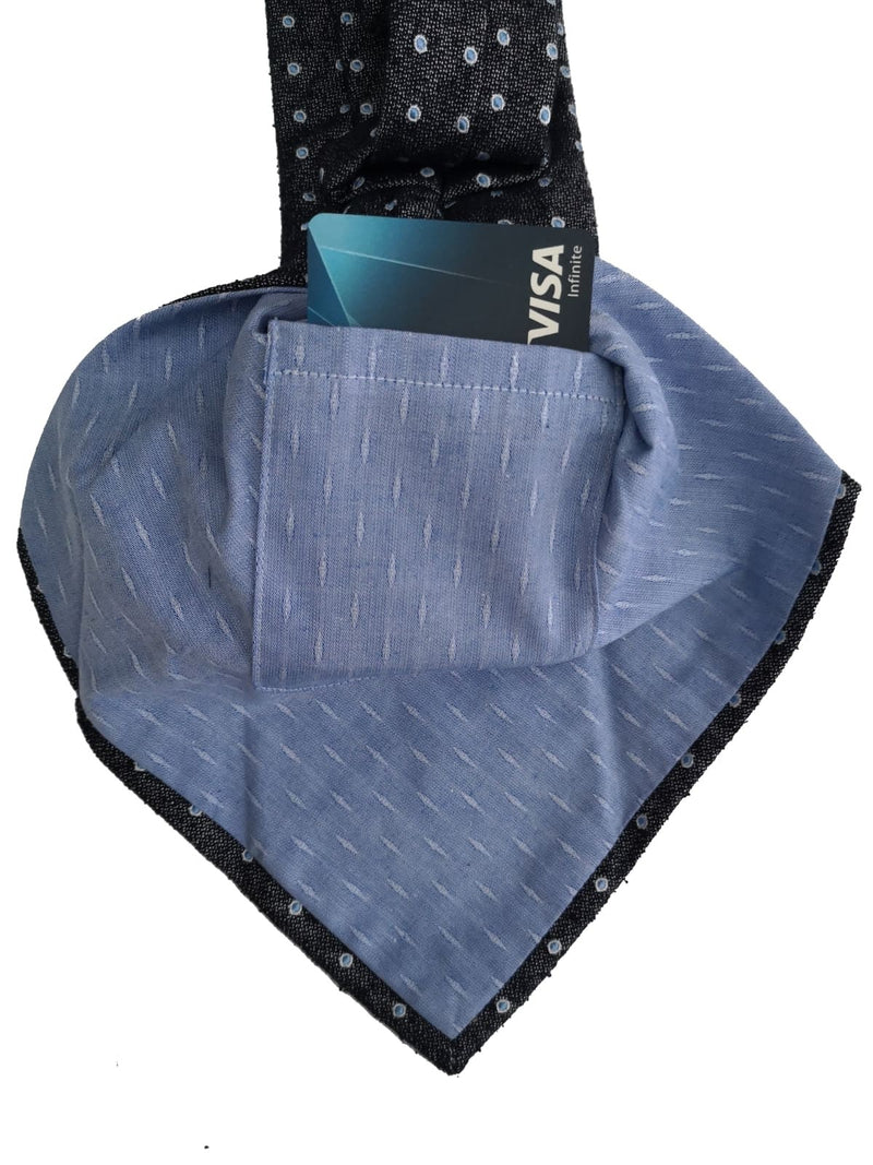 Battisti Tie: Dark ink blue bullseye dots, hidden pocket, pure silk