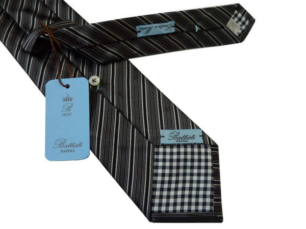 Battisti Tie SALE! Dark gray/black/silver stripe, 1-button & pocket, pure silk