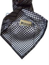 Battisti Tie Dark gray/black/silver stripe, 1-button & pocket, pure silk