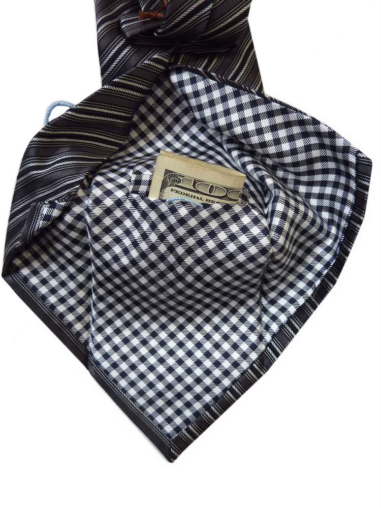 Battisti Tie Dark gray/black/silver stripe, 1-button & pocket, pure silk
