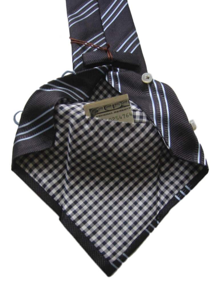 Battisti Tie Black with light blue stripes, 2-button & pocket, pure silk