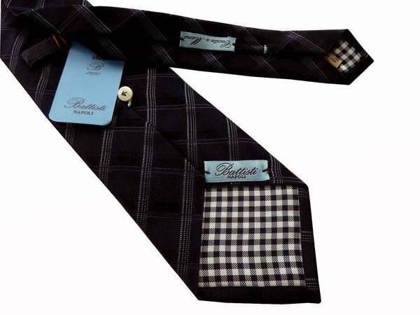 Battisti Tie: Midnight blue plaid, 1-button & pocket, pure silk