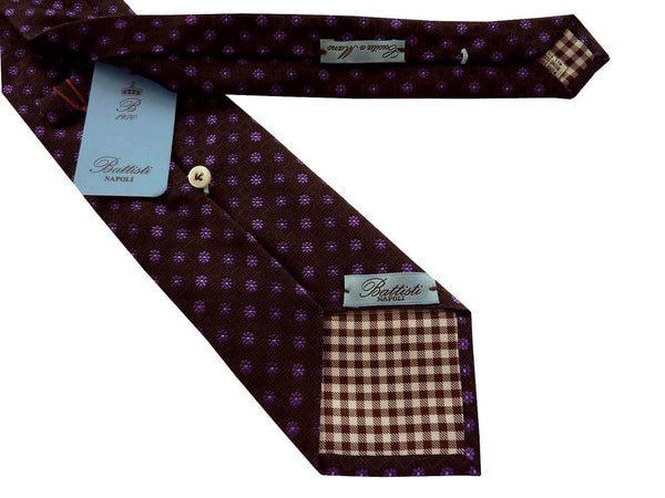 Battisti Tie: Dark charcoal brown with purple flowers, 1-button & pocket, pure silk